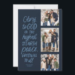 Gottesdienst, drei Foto religiöser Weihnachten<br><div class="desc">Ruhm Gott in der höchsten! Diese religiöse Weihnachtskarte zeigt drei Fotos zusammen mit dem Bibelvers von Luke 2:14 in handgeschriebenem Stil. Diese drei Foto Christliche Weihnachtskarte ist ideal für aussagekräftige Weihnachtsgrüße. Der Typ auf der Vorderseite ist hellblau auf einem marinen Hintergrund, und die Rückseite ist eine passende Marine mit blauen...</div>