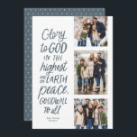 Gottesherrschaft in Blau drei Foto Weihnachten<br><div class="desc">Ruhm Gott in der höchsten! Diese religiöse Weihnachtskarte zeigt drei Fotos zusammen mit dem Bibelvers von Luke 2:14 in handgeschriebenem Stil. Diese drei Foto Christliche Weihnachtskarte ist ideal für aussagekräftige Weihnachtsgrüße. Die Vorderseite ist dunkelblau und die Rückseite ist blau mit weißen Punkten. Es gibt Platz für zwei quadratische und eine...</div>