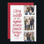 Gottesherrschaft Rot drei Foto religiöse Weihnacht Feiertagskarte<br><div class="desc">Ruhm Gott in der höchsten! Diese religiöse Weihnachtskarte zeigt drei Fotos zusammen mit dem Bibelvers von Luke 2:14 in handgeschriebenem Stil. Diese drei Foto Christliche Weihnachtskarte ist ideal für aussagekräftige Weihnachtsgrüße. Der Typ auf der Vorderseite ist rot und auf der Rückseite ist ein passender rot mit weißen Punkten. Es gibt...</div>