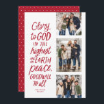 Gottesherrschaft Rot drei Foto religiöse Weihnacht Feiertagskarte<br><div class="desc">Ruhm Gott in der höchsten! Diese religiöse Weihnachtskarte zeigt drei Fotos zusammen mit dem Bibelvers von Luke 2:14 in handgeschriebenem Stil. Diese drei Foto Christliche Weihnachtskarte ist ideal für aussagekräftige Weihnachtsgrüße. Der Typ auf der Vorderseite ist rot und auf der Rückseite ist ein passender rot mit weißen Punkten. Es gibt...</div>
