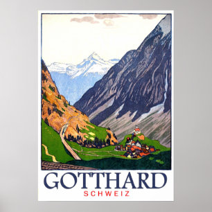 Gotthardpass, Schweiz, Dorf, Vintage Poster