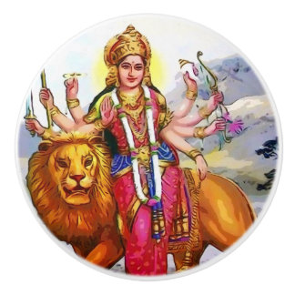 Göttin Durga mit Löwe-Malerei Keramikknauf