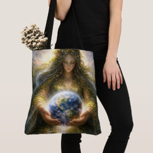 Göttin Gaia hält den Planeten Erde sanft Tasche