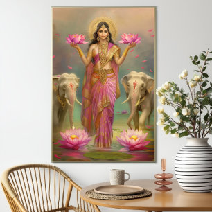 Göttin Lakshmi: Rosa Goldene Florale Elefanten Poster