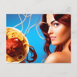 Göttin mit einem Teller Spaghetti und Fleischbällc Postkarte