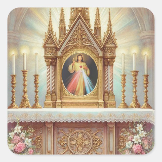 Göttliche Barmherzigkeit Jesus auf dem hohen Altar Quadratischer Aufkleber (Vorderseite)