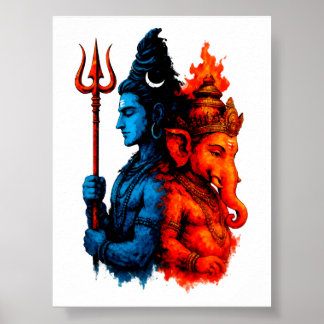 Göttliche Dualität: Blaues Shiva & Ganesha T-Shirt Poster