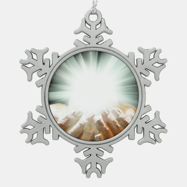 Göttliche Heilung, Frieden, Liebe, Reiki, Energiea Schneeflocken Zinn-Ornament (Vorderseite)