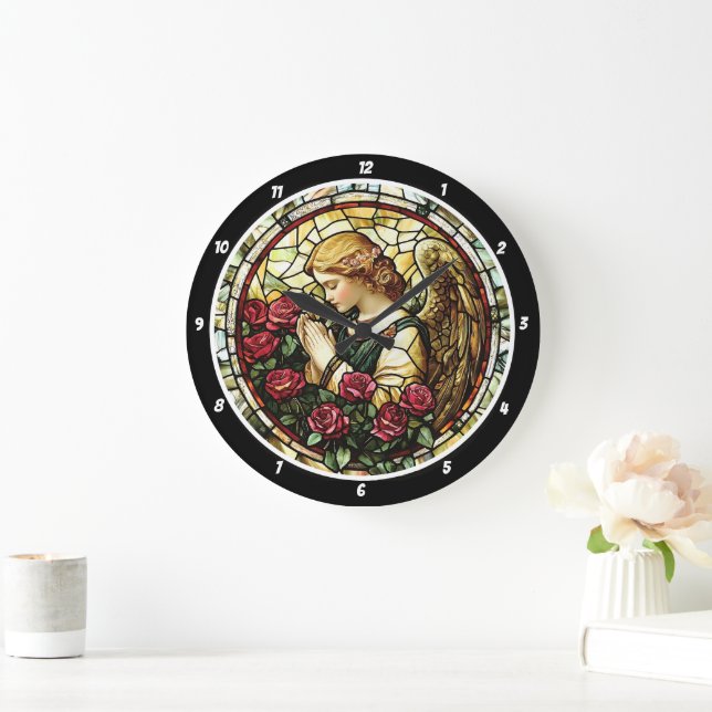 Göttliche Rose Gebet gesteinigter Glass Angel Große Wanduhr (Zuhause)