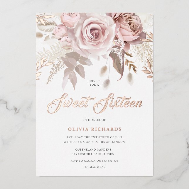 Göttliche Rose Gold Blush Blütensüß 16 Party Folieneinladung (Vorderseite)