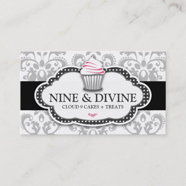Göttlicher Damast-kleiner Kuchen des grauen Visitenkarte (Vorderseite)