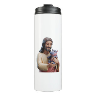Göttlicher Jesus und Moo Deng in künstlerischer Ha Thermosbecher