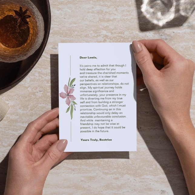 Gottzentrierte Breakcard Ankündigung (A breakup card acknowledging the union's end due to God not being at its center.)