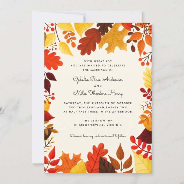 Gouache Autumn Leaves Frame Wedding Einladung (Vorderseite)