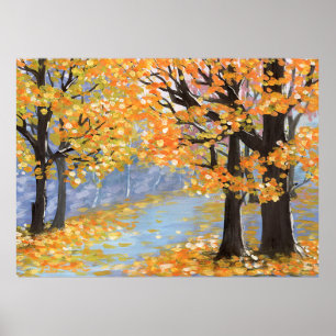Gouache Herbstlandschaft. Goldener Fall im leeren  Poster