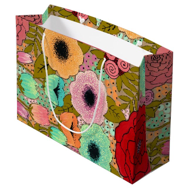Gouache Painted Art Floral Blume Garden Große Geschenktüte (Rückseite Schrägansicht)