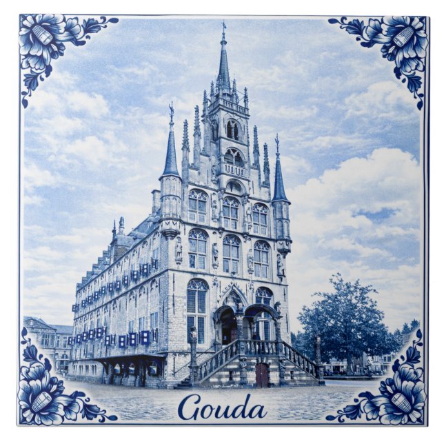Gouda town hall Delft Blue style ceramic tile Fliese (Vorderseite)