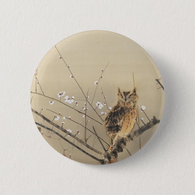 Gouns Eule und frühe Pflaumenblüten Button (Vorderseite)