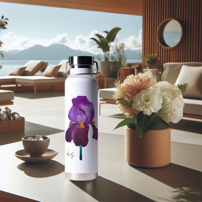 Gourde bouteille fleur iris violet aquarelle (Bouteille d'eau iris violette aquarelle)