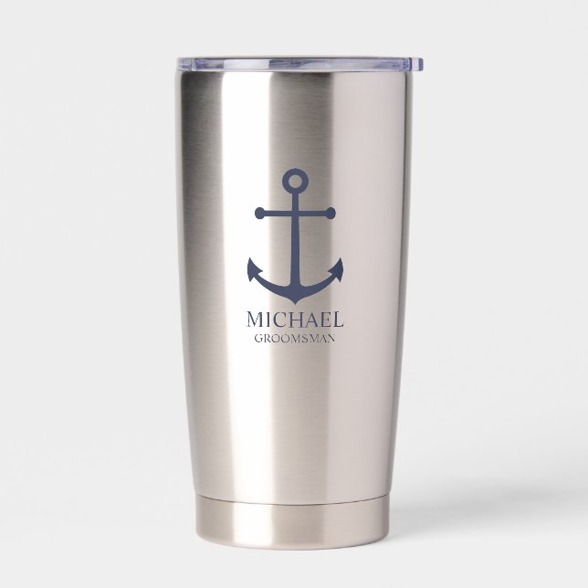 Gourde Isotherme Ancre Bleue marine Nautique Groomsmen personnalisé (Gauche)