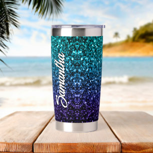 Gourde Isotherme Aqua blue Ombre faux parties scintillant scintille