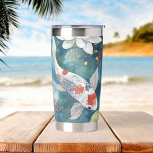 Gourde Isotherme Aquarelle claire Poisson Koi sur bleu turquoise ar