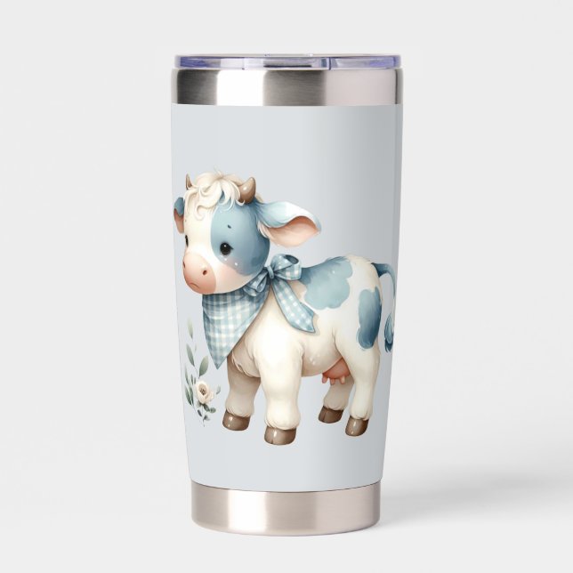 Gourde Isotherme Blue Gingham Baby Cow Pastel Farm Aesthetic (Extérieur)