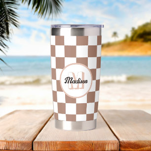 Gourde Isotherme Carrés de damier marron moka blanc rétro Monogramm