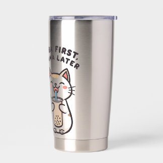 Gourde Isotherme Chat mignon Kawaii buvant du thé à bulles