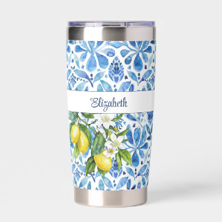 Gourde Isotherme Citrus méditerranéen et carreaux bleus Nom personn