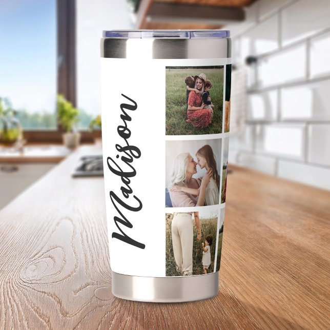 Gourde Isotherme Collage photo moderne Élégant Script Monogramme No (Créateur téléchargé)