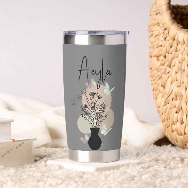 Gourde Isotherme Cute Boho Line Fleurs d'art et papillons gris (Salon)