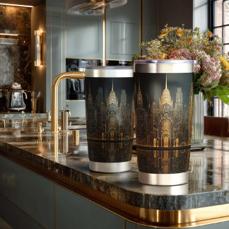 Gourde Isotherme Elegant Art Deco City Skyline in Gold on Black 