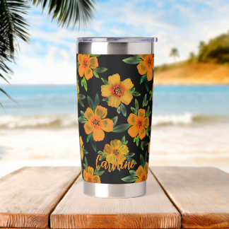 Gourde Isotherme Fleur de souci marigold dorée sur fond noir