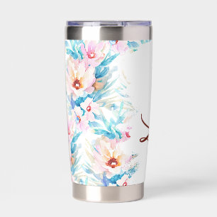 Gourde Isotherme Fleurs personnalisées aquarelle rose et bleu