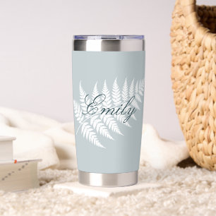 Gourde Isotherme Fougère blanche bleu glacé personnalisée nom argen