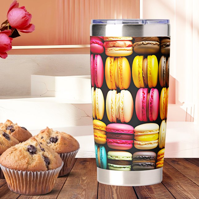 Gourde Isotherme Français Macaron Cookies Sweet (Thermal tumbler featuring a colorful collection of French macaron cookies)