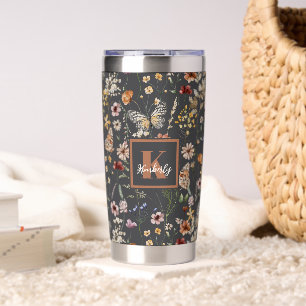 Gourde Isotherme Gris Charbon Bohème Floral Monogrammé