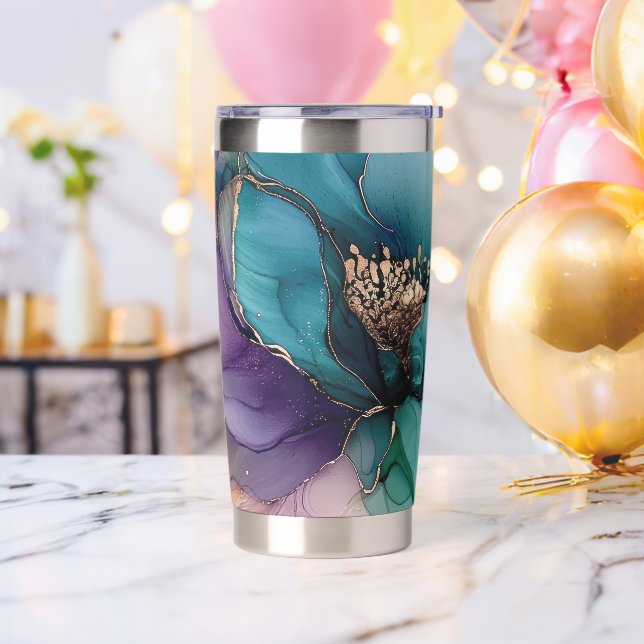 Gourde Isotherme Joli Aqua bleu violet or Floral (Avant)