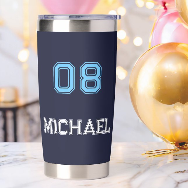 Gourde Isotherme Joueur bleu moderne Nom Jersey Numéro Sports (Modern Blue White Player Name Jersey Number Sports Insulated Tumbler)