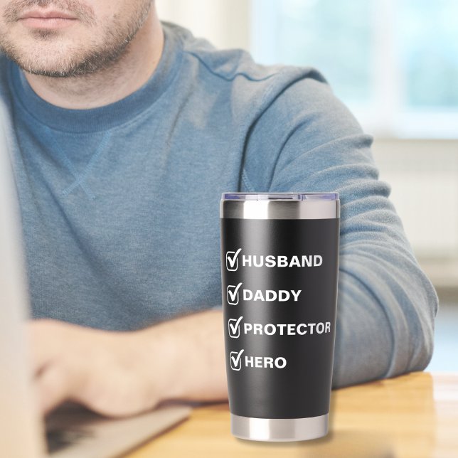 Gourde Isotherme Mari, Papa, Protecteur, Cadeau de héros Noir (Father's Day Gift for Husband or Dad with Checkboxes and Personalized Text Tumbler Gift for Him)