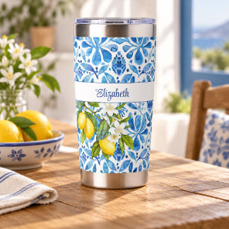 Gourde Isotherme Méditerranéen Citron et Carreaux Bleus Nom Personn