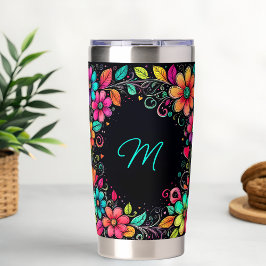 Gourde Isotherme Monogramme floral coloré personnalisé