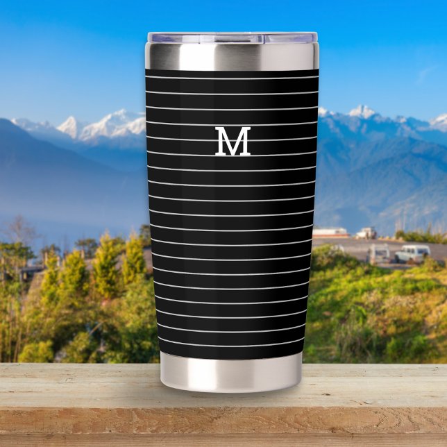 Gourde Isotherme Motif en bande blanche noire Moderne Simple Monogr (A travel mug with white pinstripe pattern on a black background, with custom monogram initial)