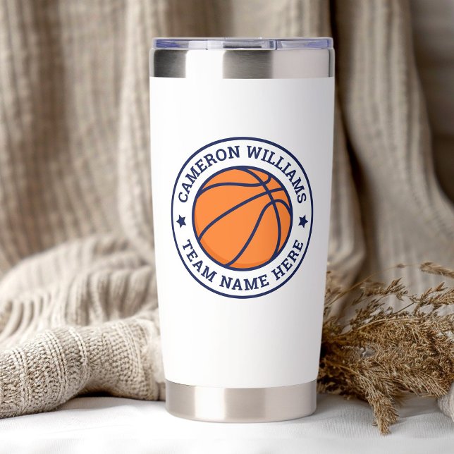 Gourde Isotherme Nom et équipe de basket-ball bleu étoiles blanc (Basketball name and team blue stars white insulated tumbler)