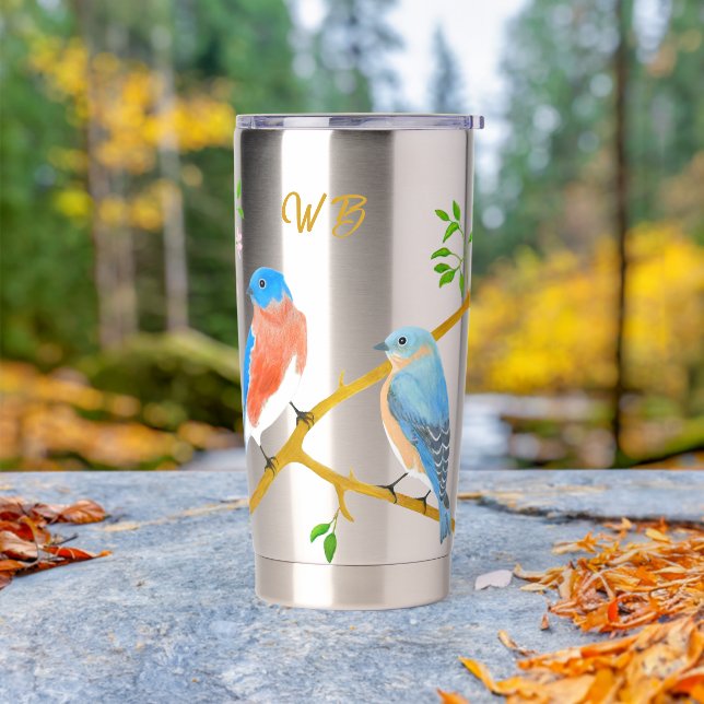 Gourde Isotherme Oiseaux bleus monogrammés (Mariage)