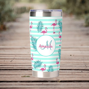Gourde Isotherme Paume flamand rose vert rayures feuille