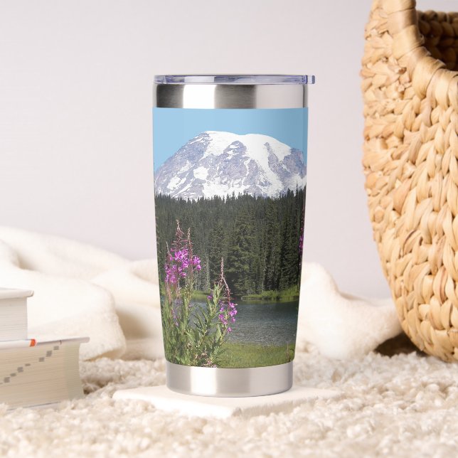 Gourde Isotherme Paysage du Mont Rainier et Fleur sauvage (Salon)