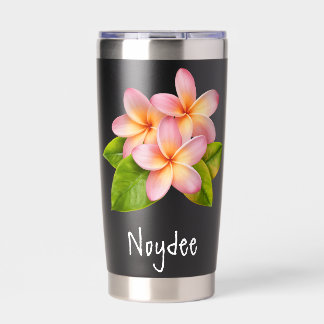 Gourde Isotherme Plumeria rose Frangipanier, votre nom, Floral