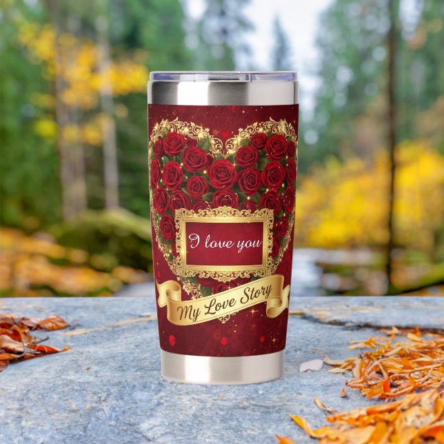 Gourde Isotherme Red Roses Gold Glitter Love Story Tumbler (En extérieur (pivoté))